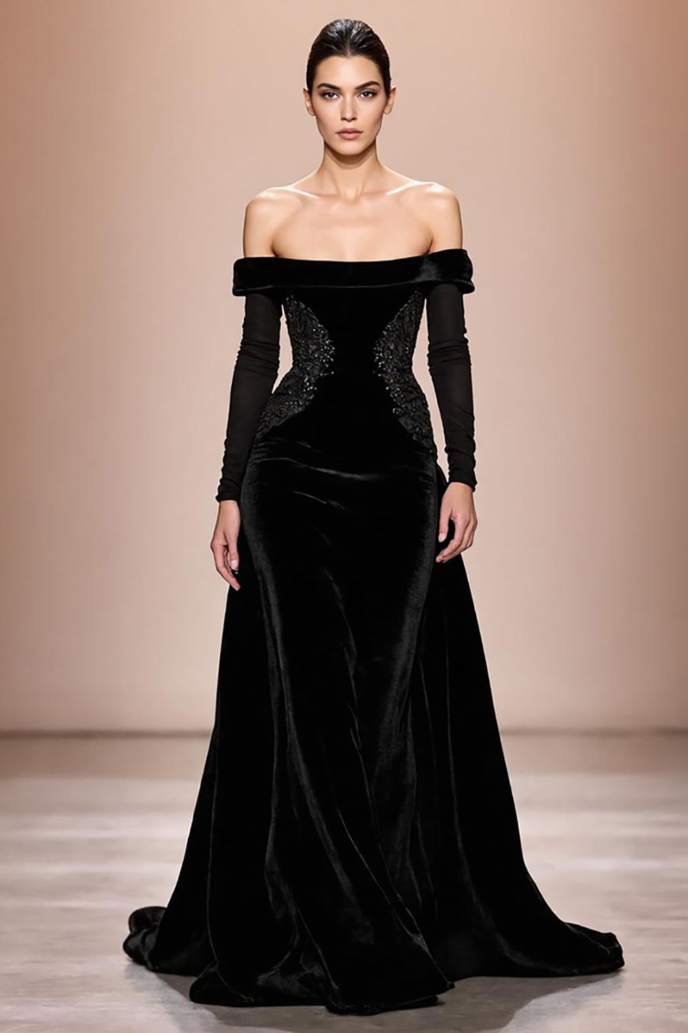 Schwarzes Schulterfreies Langes Abendkleid aus Samt mit Ärmeln