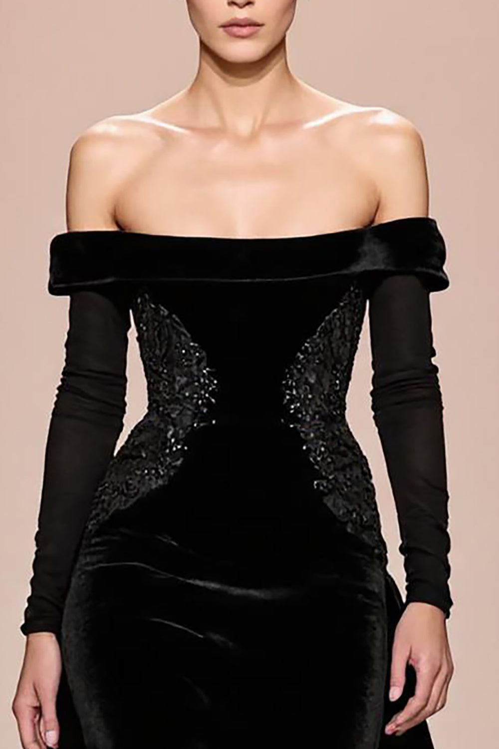 Schwarzes Schulterfreies Langes Abendkleid aus Samt mit Ärmeln