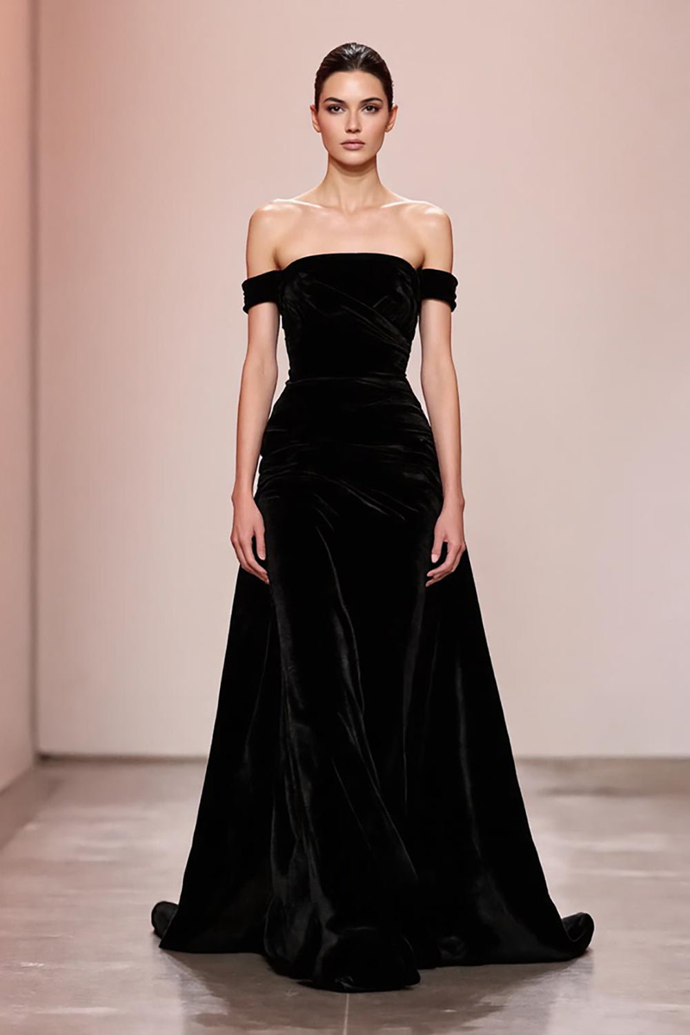 Schwarzes Langes Schulterfreies Abendkleid aus Samt in A-Linie