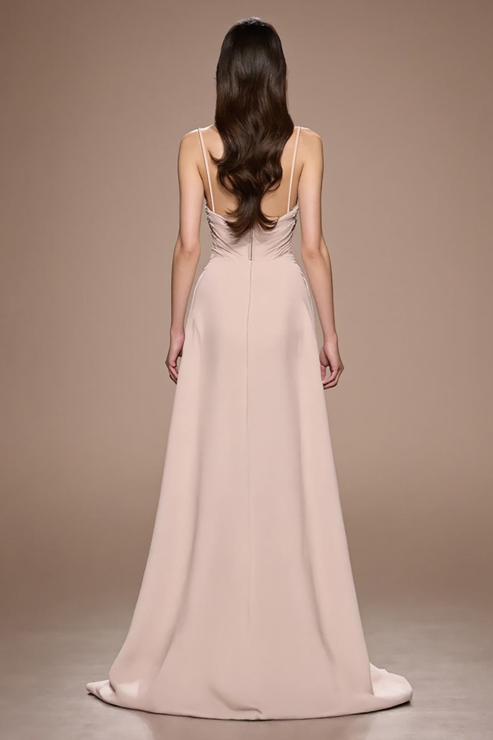 Champagner Maxi Abendkleid aus Satin mit Rüschen und Schlitz in A-Linie