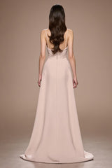 Champagner Maxi Abendkleid aus Satin mit Rüschen und Schlitz in A-Linie