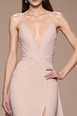 Champagner Maxi Abendkleid aus Satin mit Rüschen und Schlitz in A-Linie