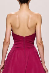 Fuchsia Satin A-Linie Gerafftes Trägerloses Langes Abendkleid mit Schlitz