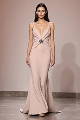 Champagner Maxi Abendkleid aus Satin mit Rüschen