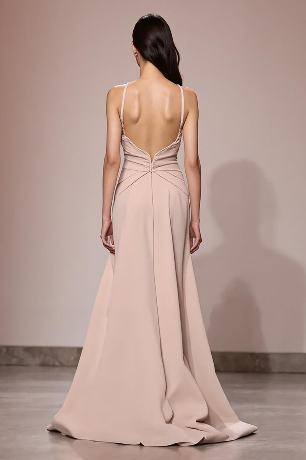 Champagner Maxi Abendkleid aus Satin mit Rüschen