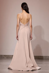 Champagner Maxi Abendkleid aus Satin mit Rüschen