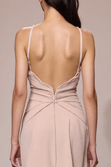 Champagner Maxi Abendkleid aus Satin mit Rüschen