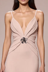 Champagner Maxi Abendkleid aus Satin mit Rüschen