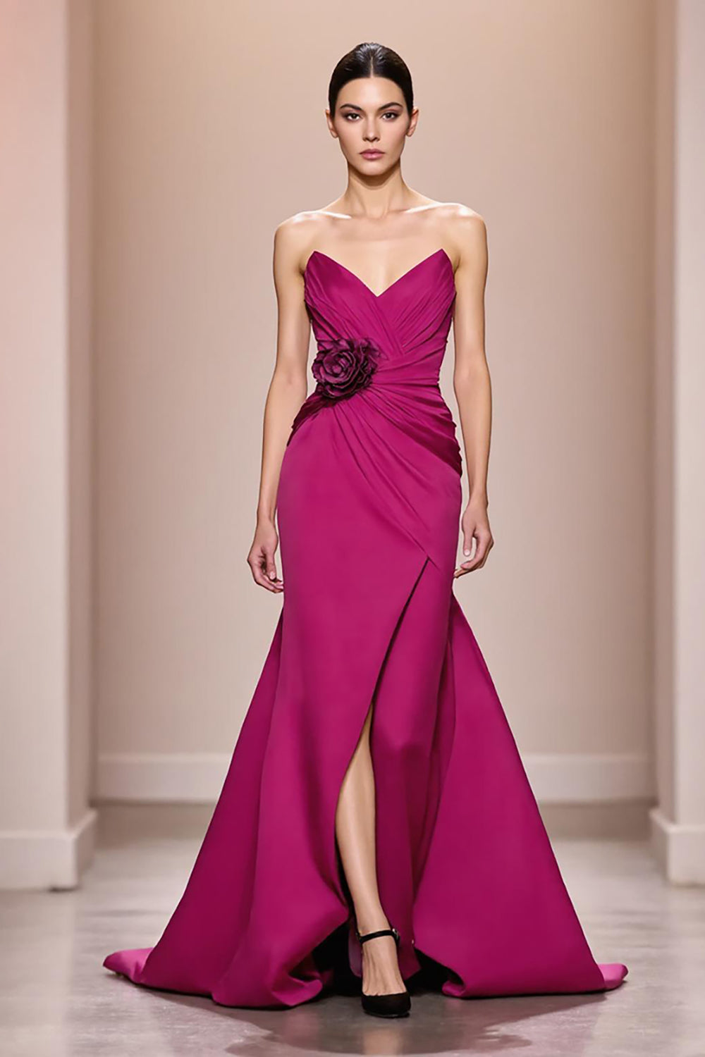 Fuchsia Satin A-Linie Trägerloses Langes Abendkleid mit 3D-Blume