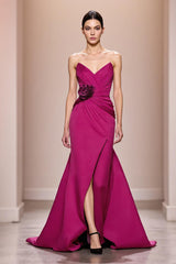 Fuchsia Satin A-Linie Trägerloses Langes Abendkleid mit 3D-Blume