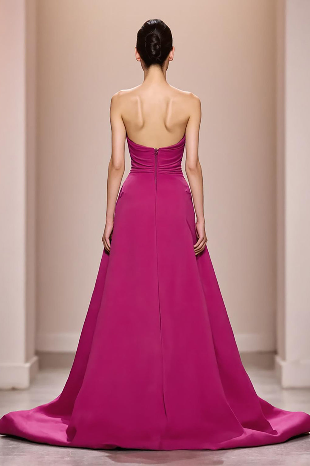 Fuchsia Satin A-Linie Trägerloses Langes Abendkleid mit 3D-Blume
