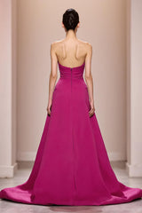 Fuchsia Satin A-Linie Trägerloses Langes Abendkleid mit 3D-Blume