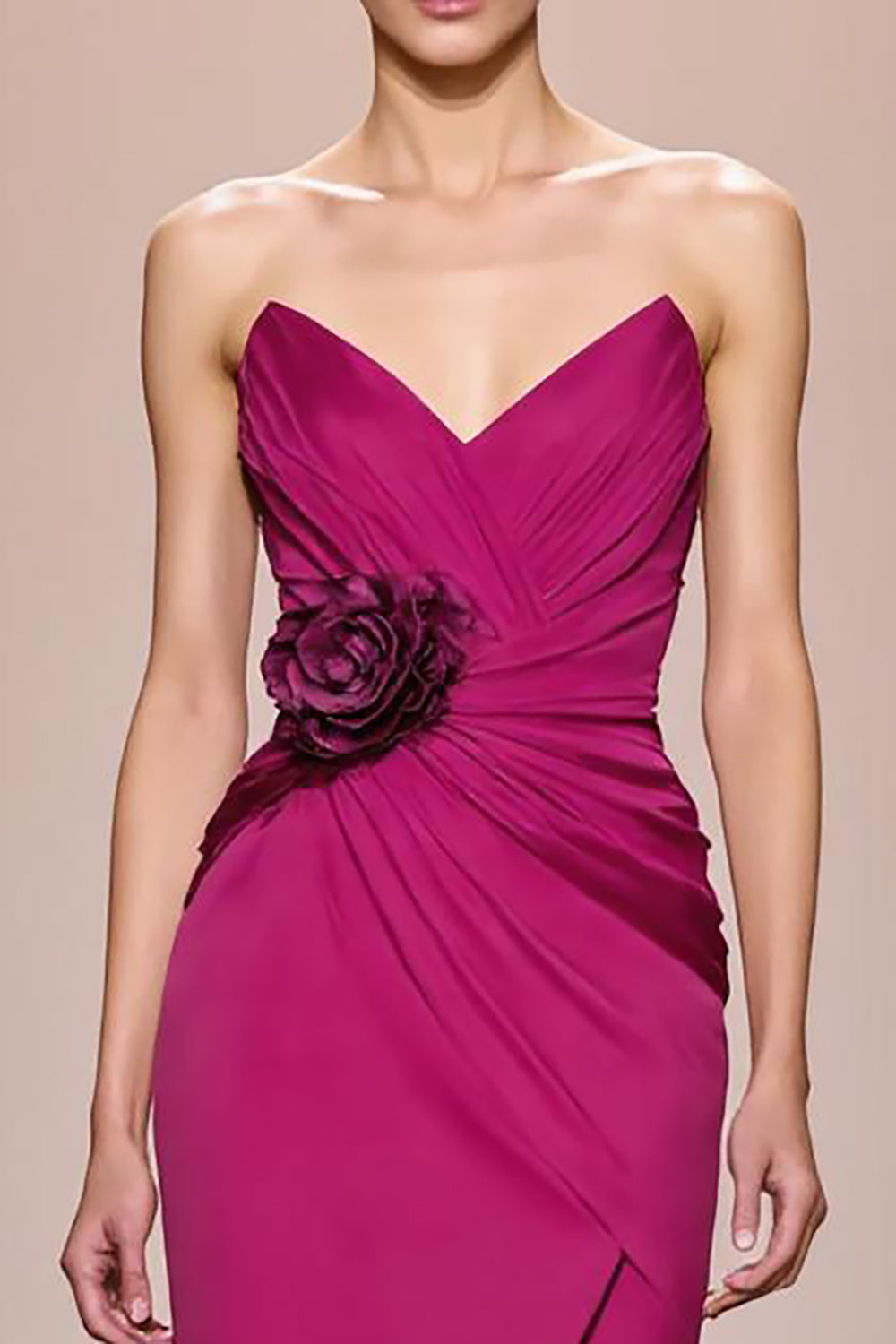 Fuchsia Satin A-Linie Trägerloses Langes Abendkleid mit 3D-Blume