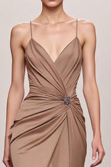 Kaffee Satin Meerjungfrau Spaghettiträger Langes Abendkleid
