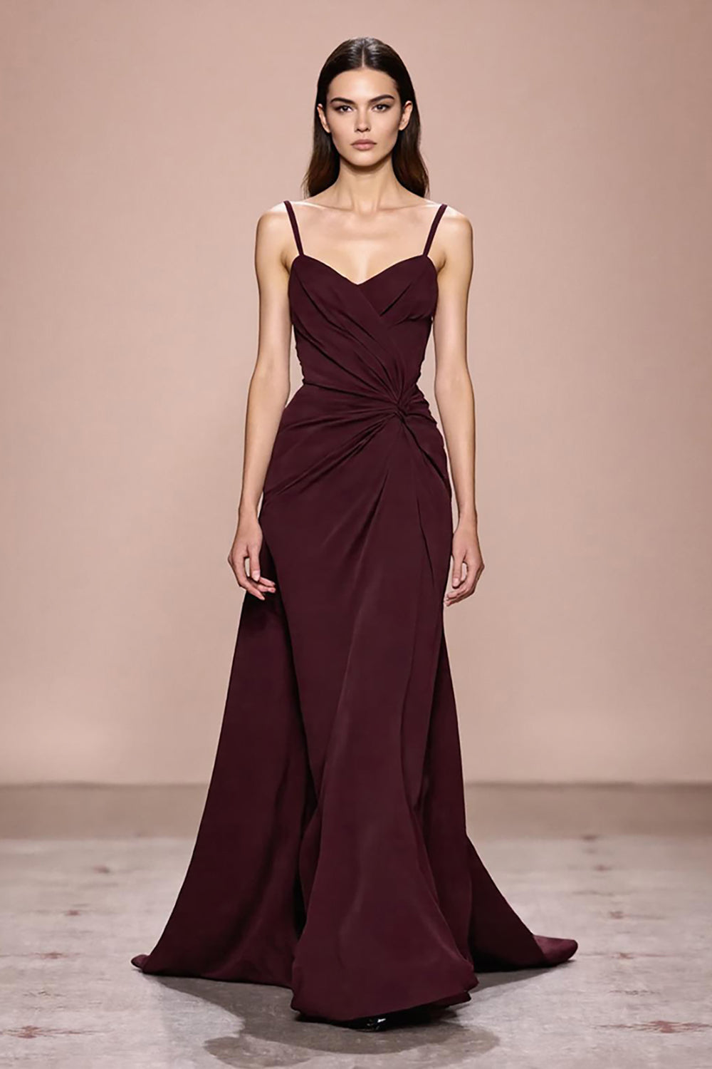 Dunkelrotes Etui Gerafftes Spaghettiträger Langes Abendkleid