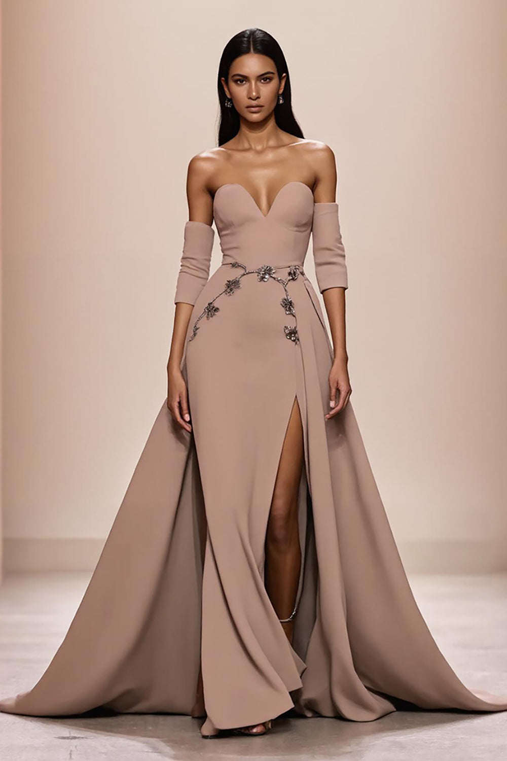 Champagner Herzausschnitt Applikationen Abendkleid mit Schlitz