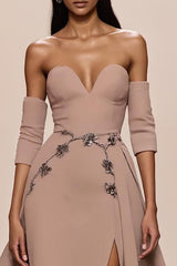 Champagner Herzausschnitt Applikationen Abendkleid mit Schlitz