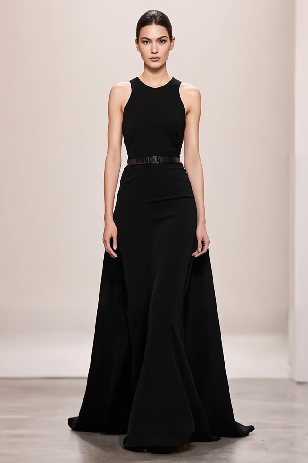 Schwarzes Langes A-Linie Abendkleid mit Neckholder aus Samt