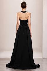 Schwarzes Langes A-Linie Abendkleid mit Neckholder aus Samt