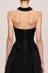 Schwarzes Langes A-Linie Abendkleid mit Neckholder aus Samt