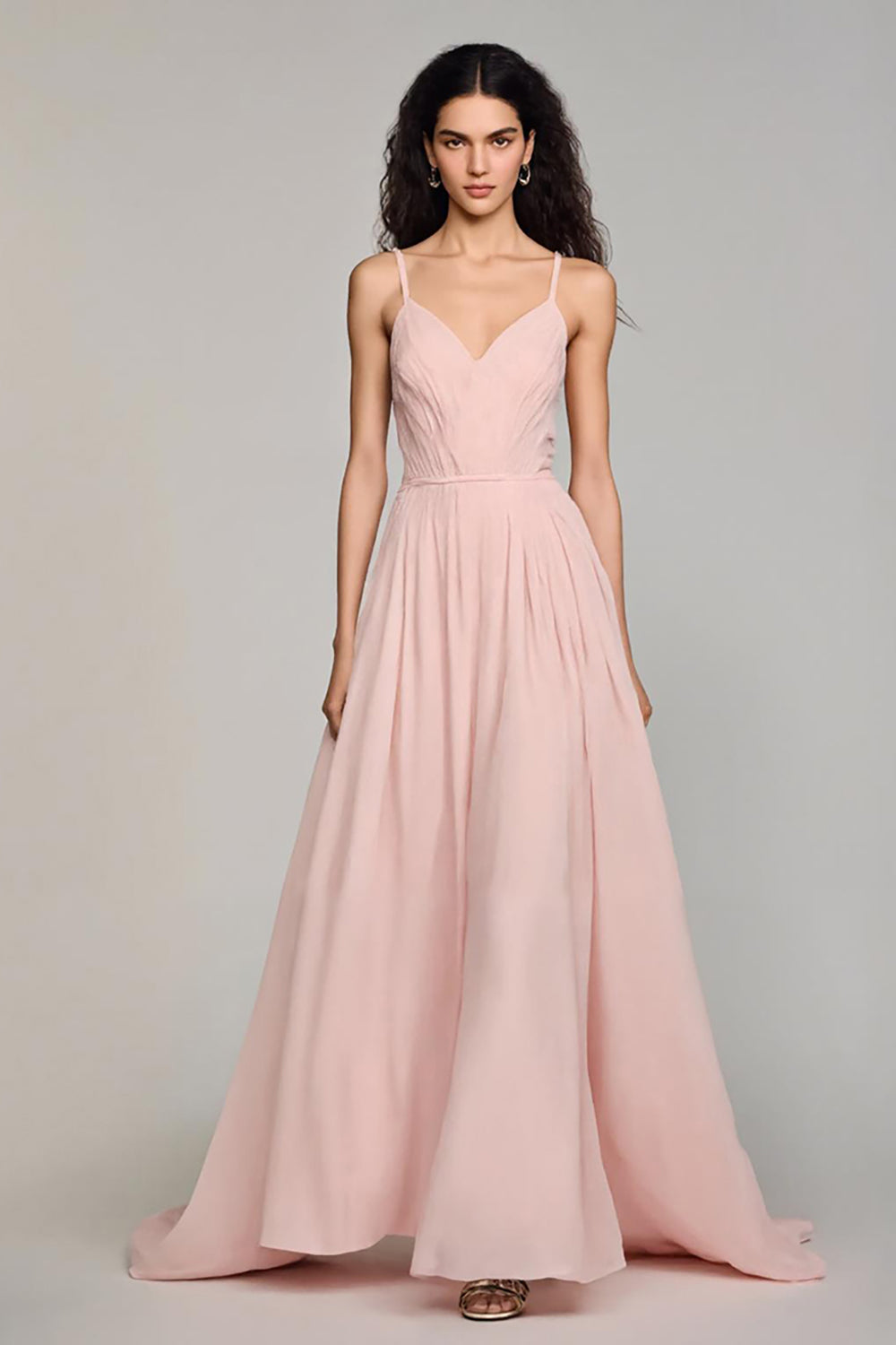 Hellrosa Chiffon A-Linie Abendkleid mit Spaghettiträgern