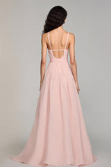 Hellrosa Chiffon A-Linie Abendkleid mit Spaghettiträgern