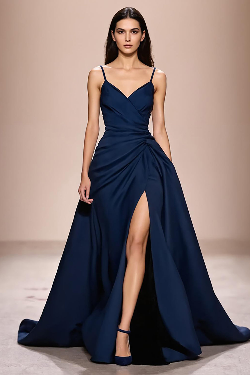 Dunkelblaues Spaghettiträgern Abendkleid aus Satin in A-Linie mit Schlitz