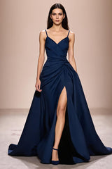 Dunkelblaues Spaghettiträgern Abendkleid aus Satin in A-Linie mit Schlitz