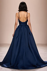 Dunkelblaues Spaghettiträgern Abendkleid aus Satin in A-Linie mit Schlitz