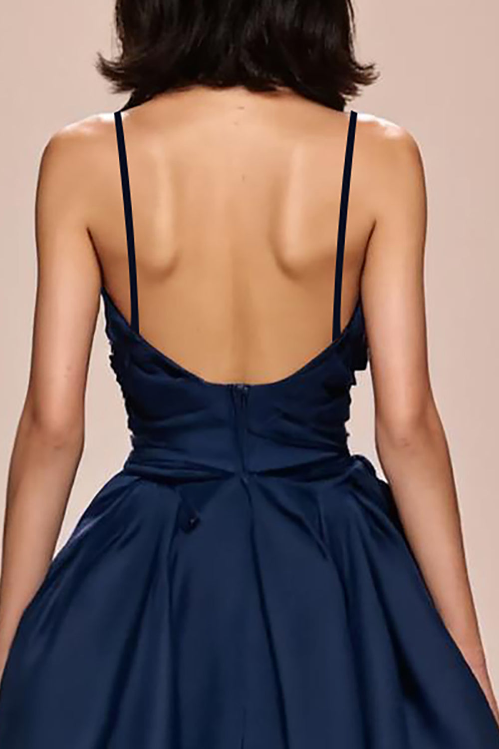 Dunkelblaues Spaghettiträgern Abendkleid aus Satin in A-Linie mit Schlitz