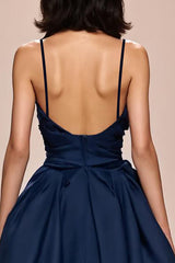 Dunkelblaues Spaghettiträgern Abendkleid aus Satin in A-Linie mit Schlitz