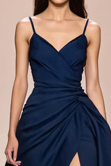 Dunkelblaues Spaghettiträgern Abendkleid aus Satin in A-Linie mit Schlitz