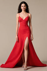 Rotes Langes A-Linie Abendkleid aus Satin mit Spaghettiträgern und Schlitz
