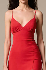 Rotes Langes A-Linie Abendkleid aus Satin mit Spaghettiträgern und Schlitz