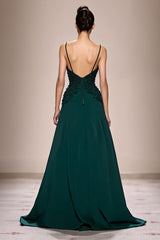Dunkelgrünes Langes Abendkleid aus Satin in A-Linie mit Rüschen und Applikationen