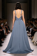 Graublaues Langes V-Ausschnitt Satin Abendkleid in A-Linie mit Rüschen und Schlitz
