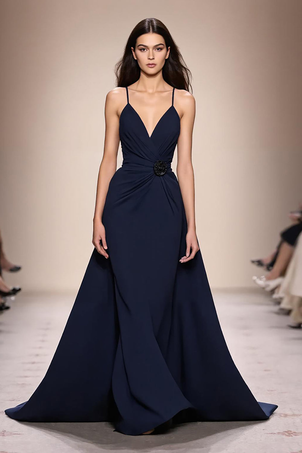 Dunkelblaues Langes Gerafftes Abendkleid in A-Linie mit Spaghettiträgern