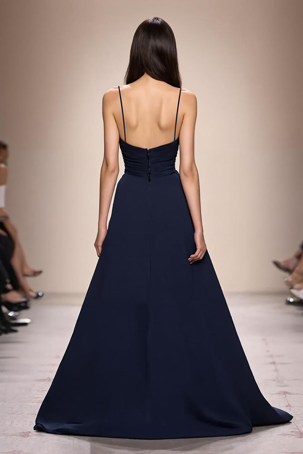 Dunkelblaues Langes Gerafftes Abendkleid in A-Linie mit Spaghettiträgern