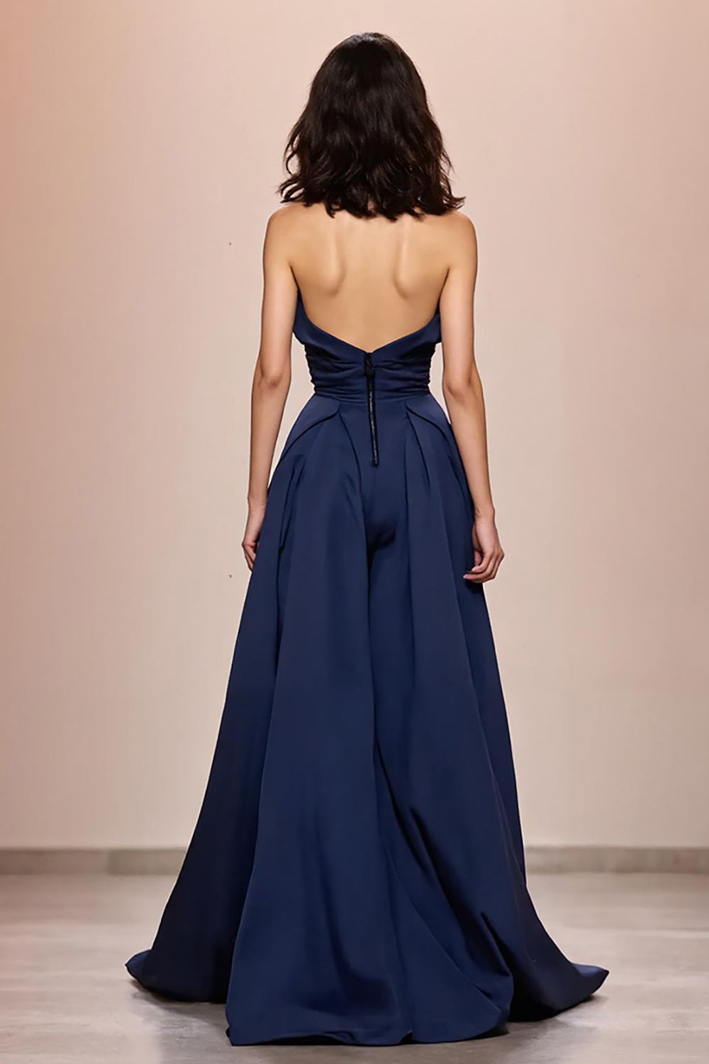 Dunkelblaues Trägerloses Langes Abendkleid aus Satin in A-Linie