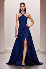 Dunkelblaues Langes Abendkleid aus Satin in A-Linie mit Rüschen und Schlitz