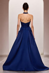 Dunkelblaues Langes Abendkleid aus Satin in A-Linie mit Rüschen und Schlitz