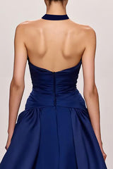 Dunkelblaues Langes Abendkleid aus Satin in A-Linie mit Rüschen und Schlitz