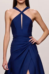 Dunkelblaues Langes Abendkleid aus Satin in A-Linie mit Rüschen und Schlitz