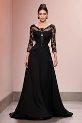 Schwarzes Langes Abendkleid in A-Linie mit Applikation und Spitze