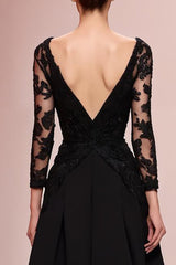 Schwarzes Langes Abendkleid in A-Linie mit Applikation und Spitze