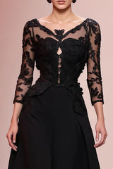 Schwarzes Langes Abendkleid in A-Linie mit Applikation und Spitze