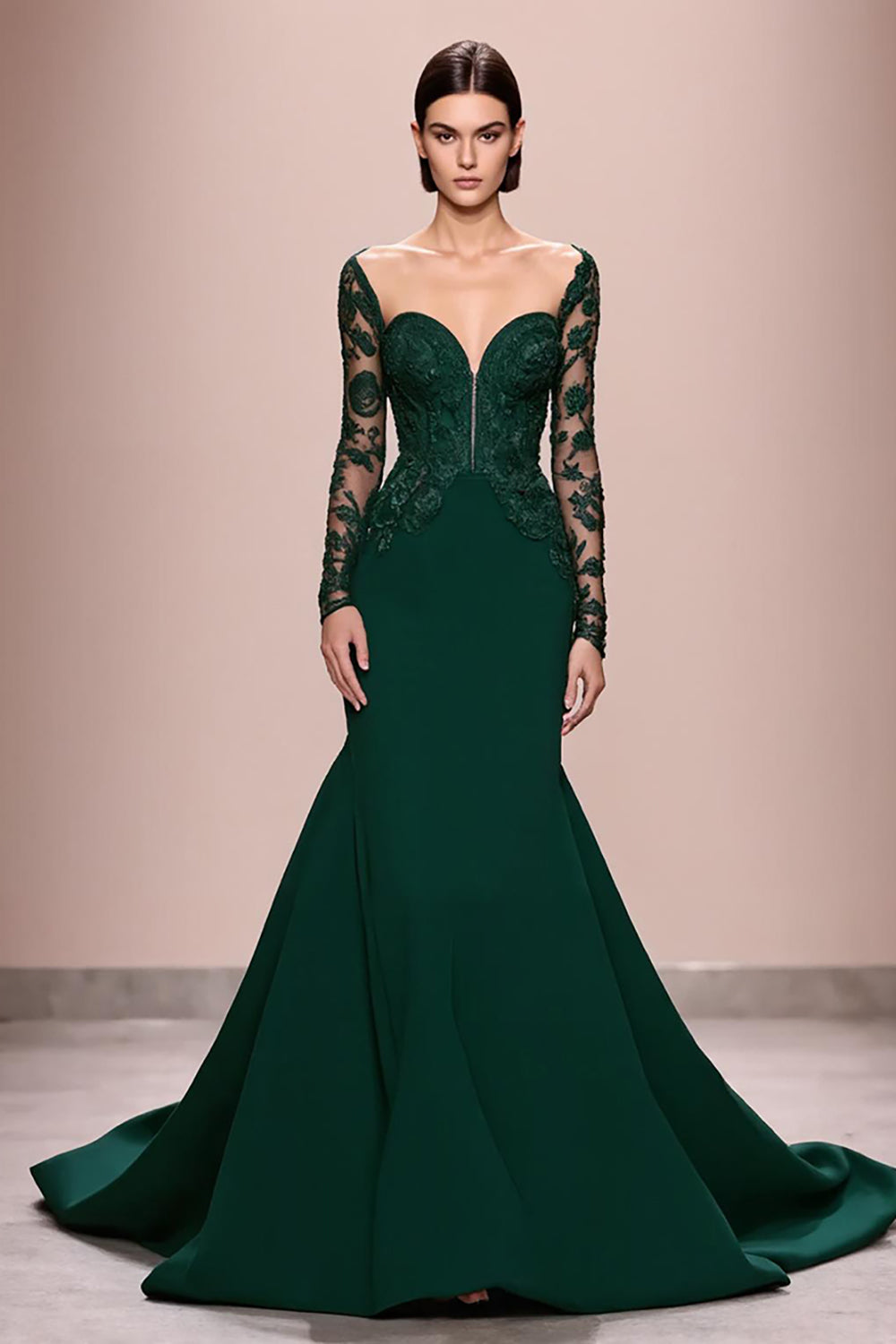 Dunkelgrünes Meerjungfrauen Abendkleid mit Spitzenärmeln und Applikationen