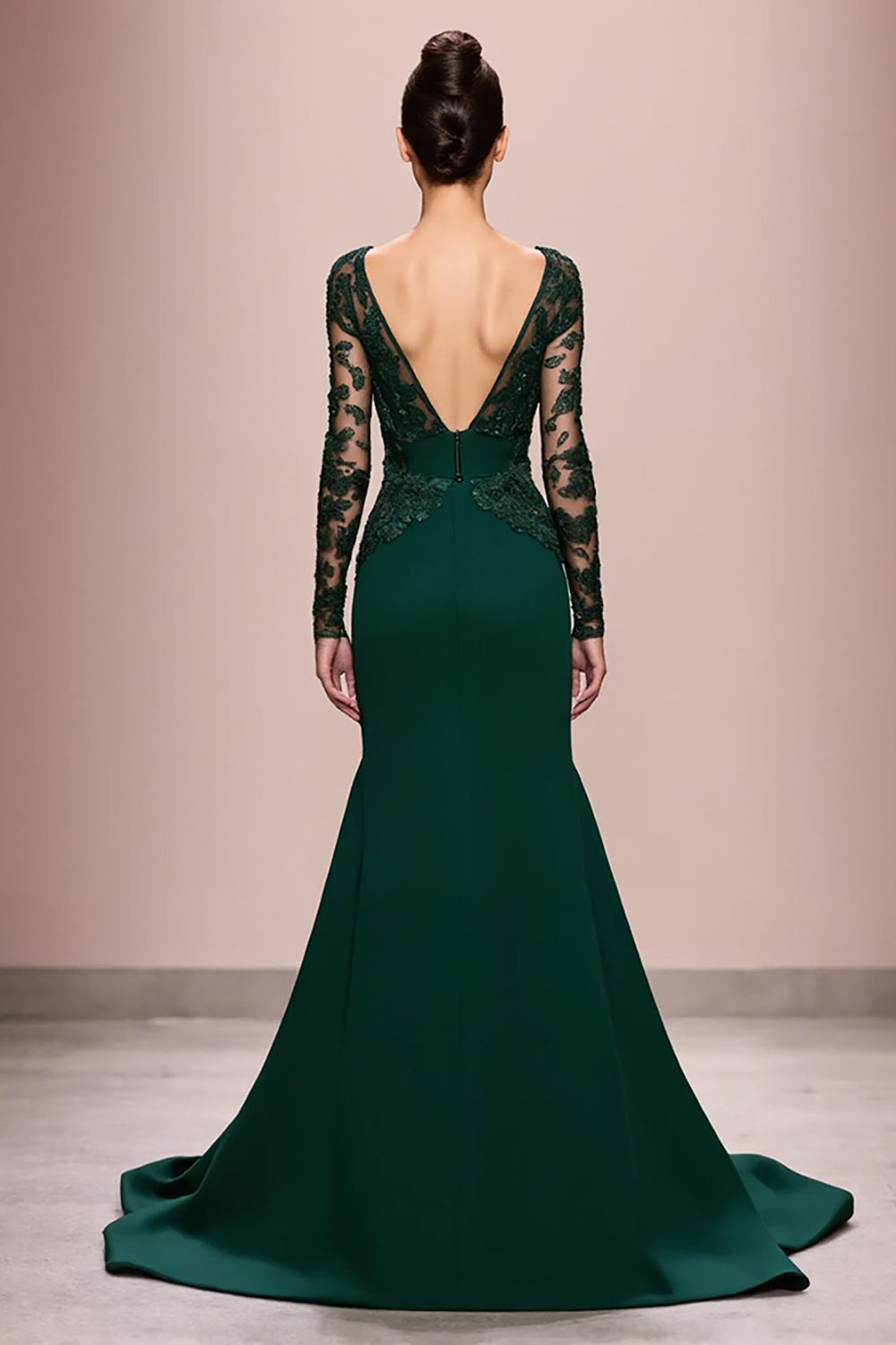 Dunkelgrünes Meerjungfrauen Abendkleid mit Spitzenärmeln und Applikationen