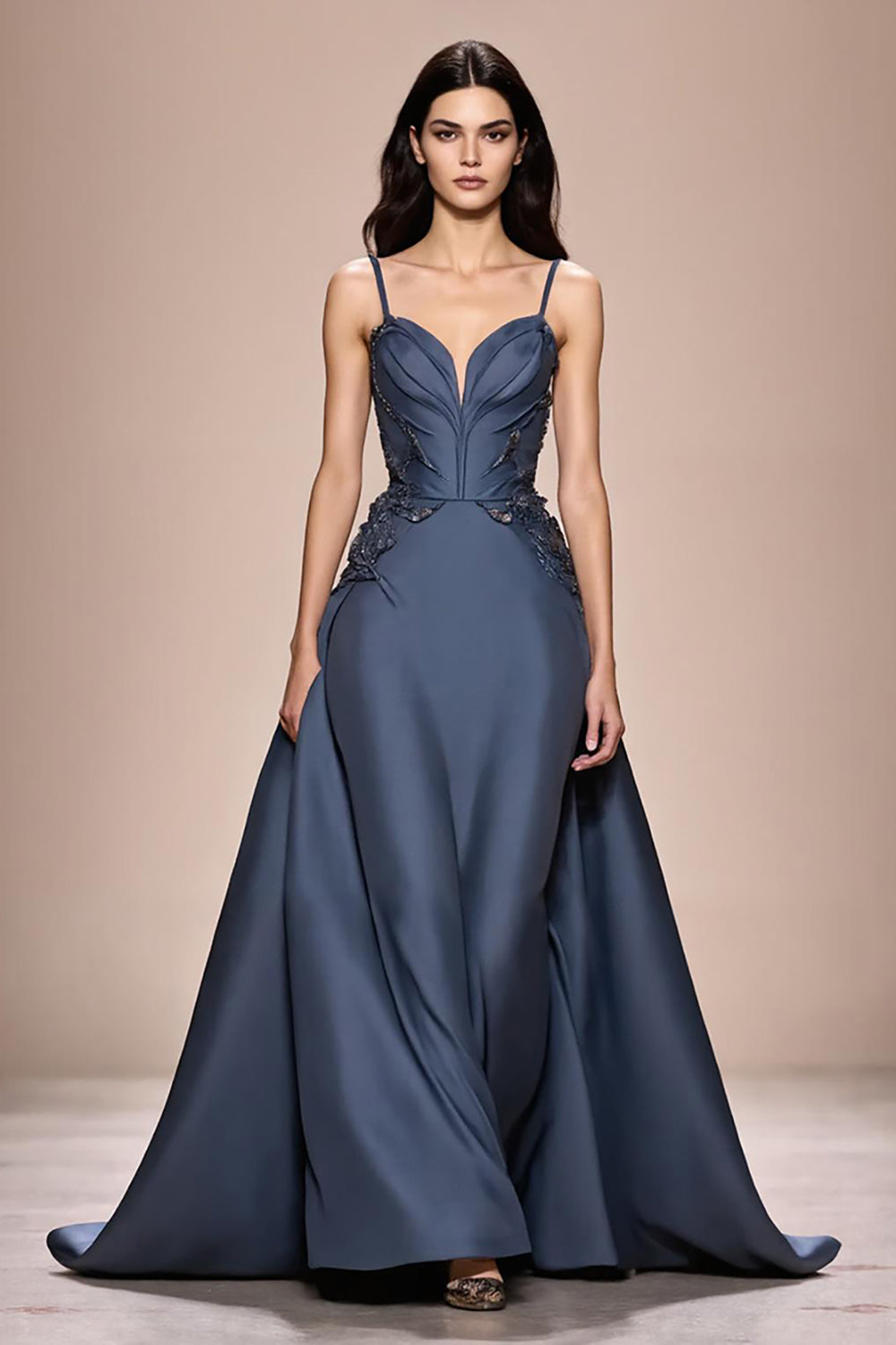 Grau Blau A-Linie Satin Spaghettiträger Langes Abendkleid mit Applikationen