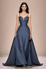 Grau Blau A-Linie Satin Spaghettiträger Langes Abendkleid mit Applikationen